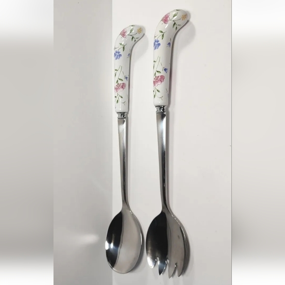 Sheffield England Porcelain Salad Fork Spoon Spork Set Pink Rose Yellow Flower - Picture 2 of 8